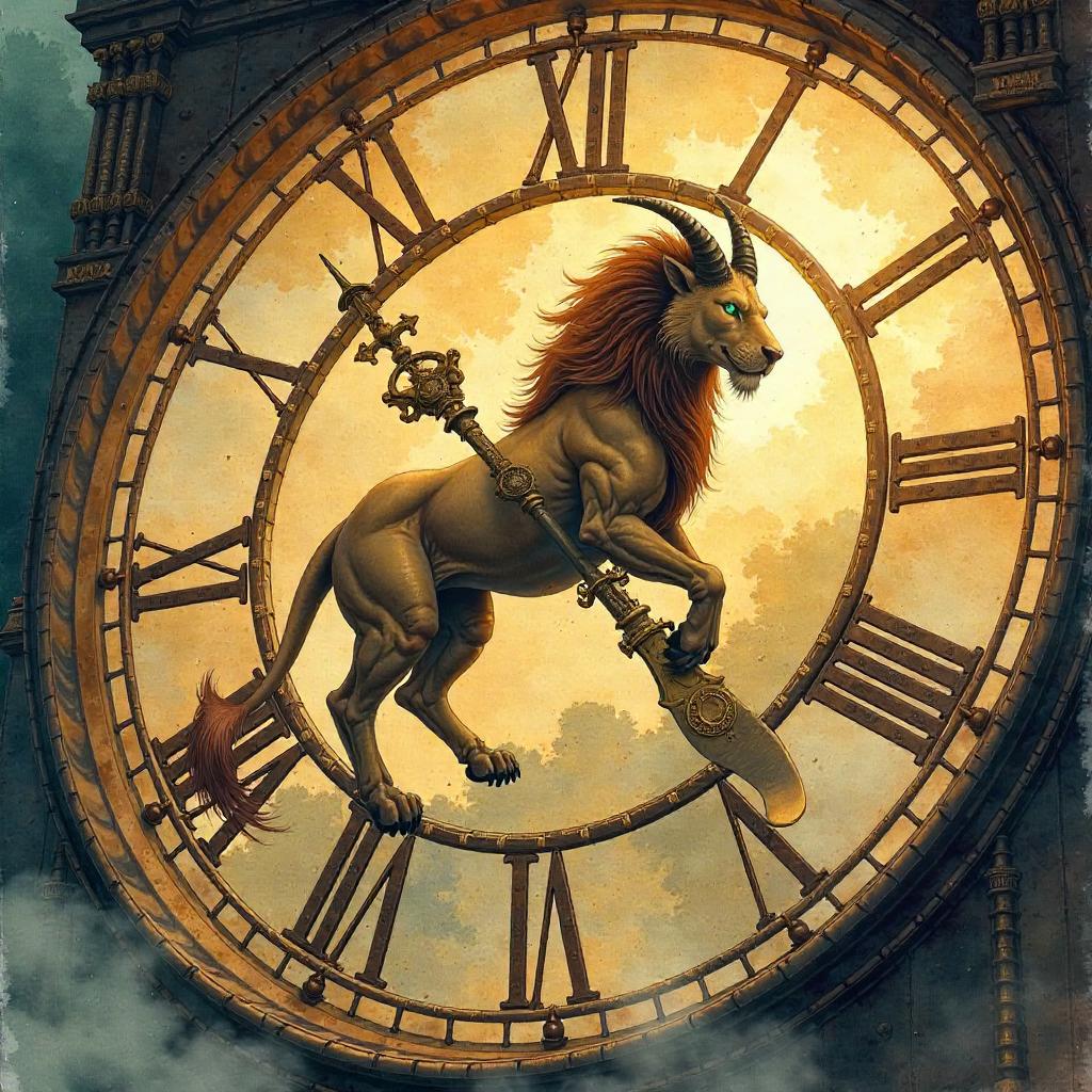 Chimera Inside a Giant Clock — Watercolor Dream