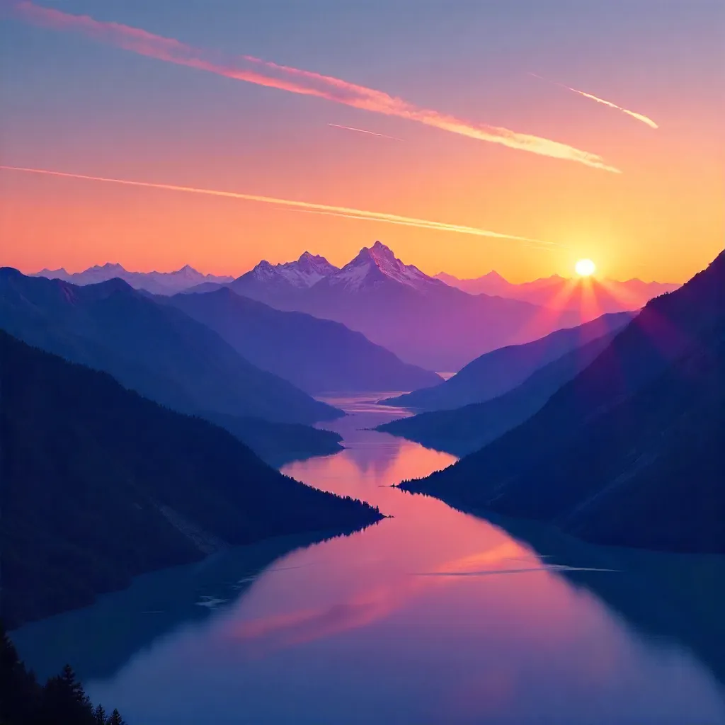 Tranquil Sunset Over Mountain Ranges with Contrails
