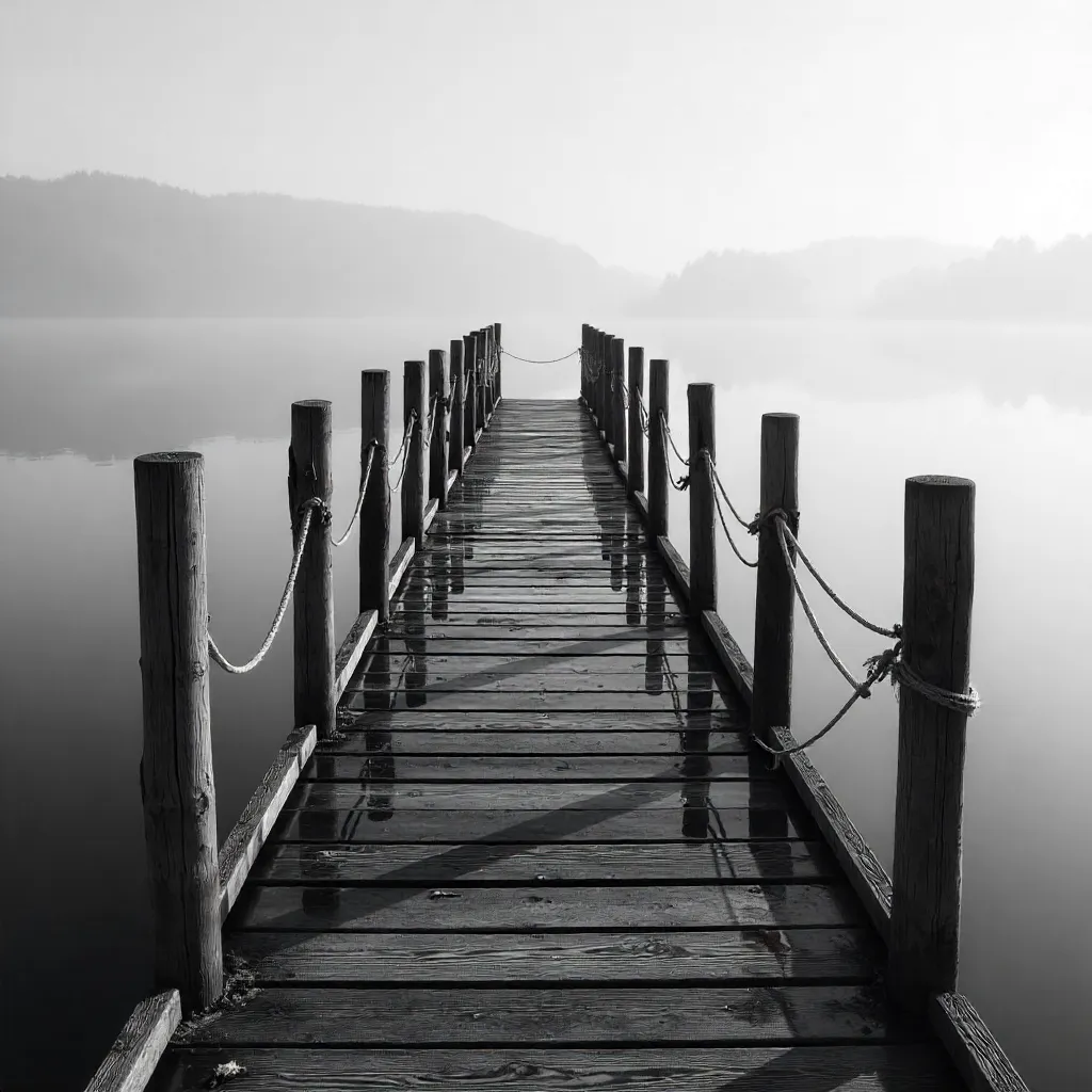 Mirror-like Calm on a Black-and-White Fishing Platform