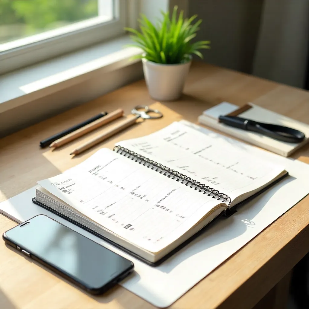 Sleek Desk Setup: Smartphone, Planner, and Stationery