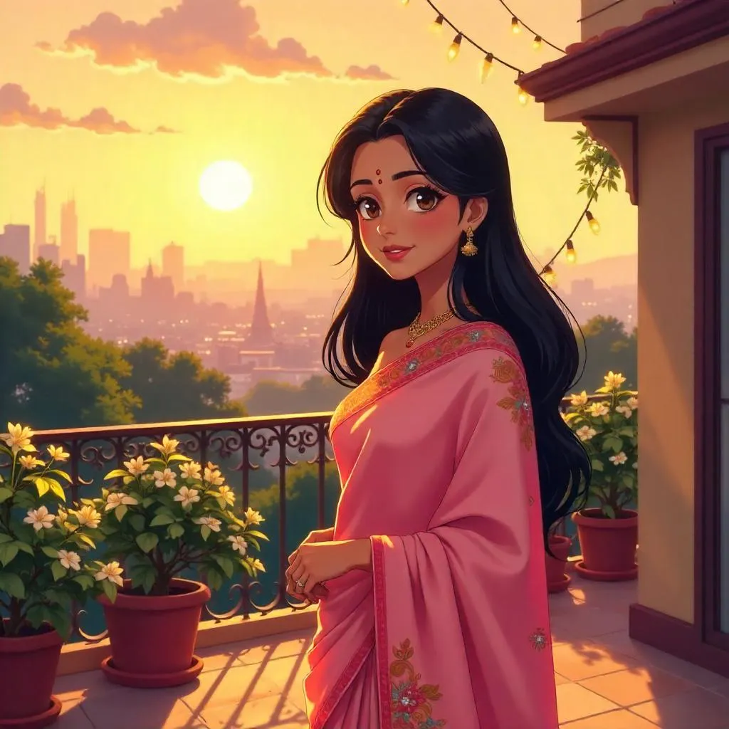 Sunlit Terrace: Anime Indian Beauty