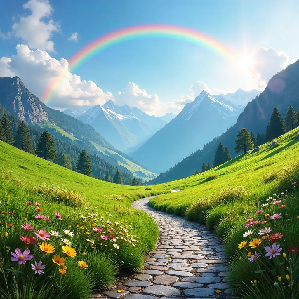 Spring Rainbow over Lush Mountain Landscape