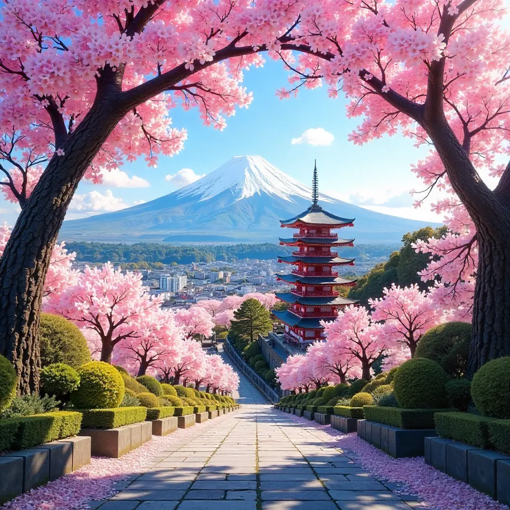 Cherry blossoms frame Mount Fuji and Chureito Pagoda