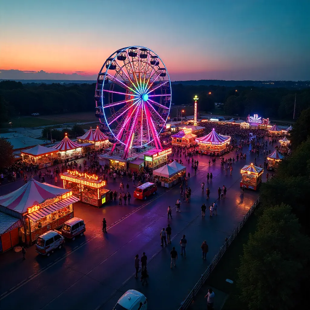 Aerial View of a Vibrant Ferris Wheel Fairground