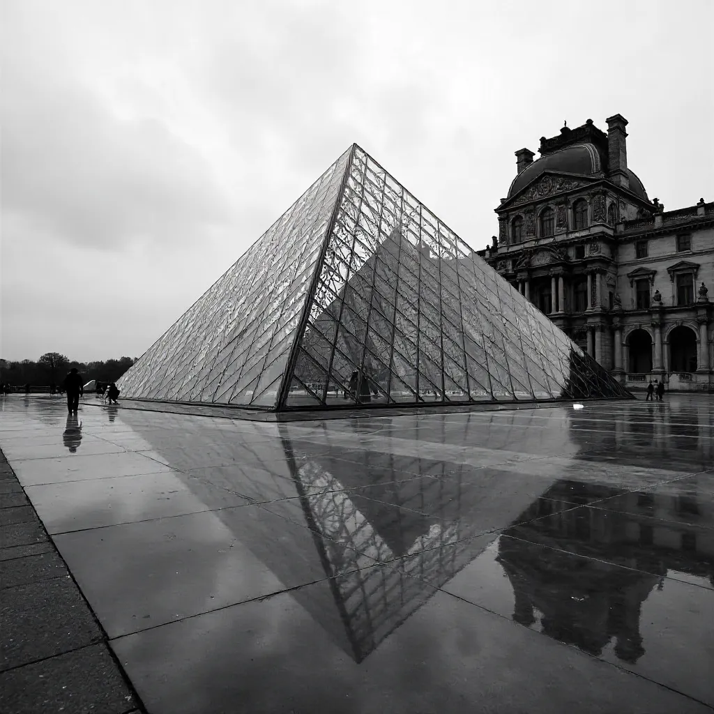 Striking Monochrome Louvre Pyramid at Paris Courtyard