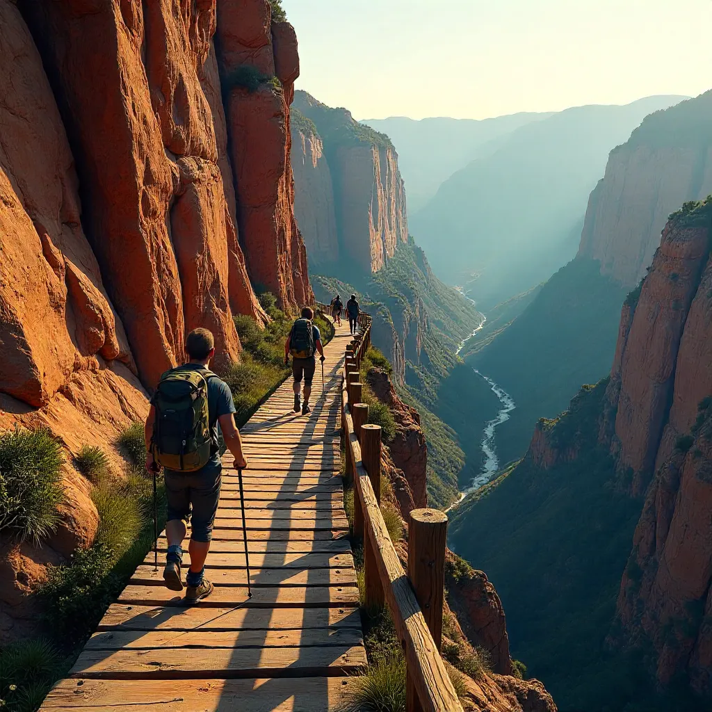 Hikers on a Cliffside Wooden Path in a Canyon