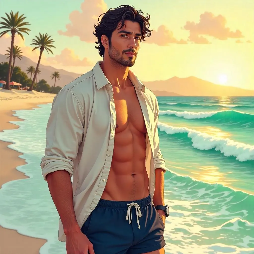 Sunlit Anime Beach: Handsome Middle Eastern Man