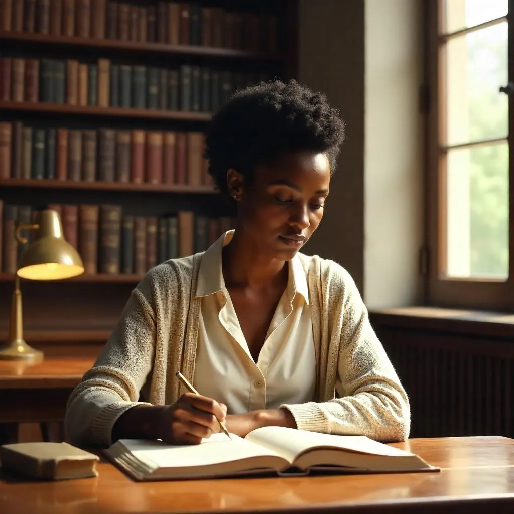 Photorealistic Portrait of a Young Black Woman in a Library