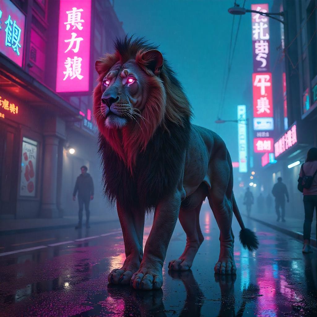 Neon Fog: Cyberpunk Lion in the Mist