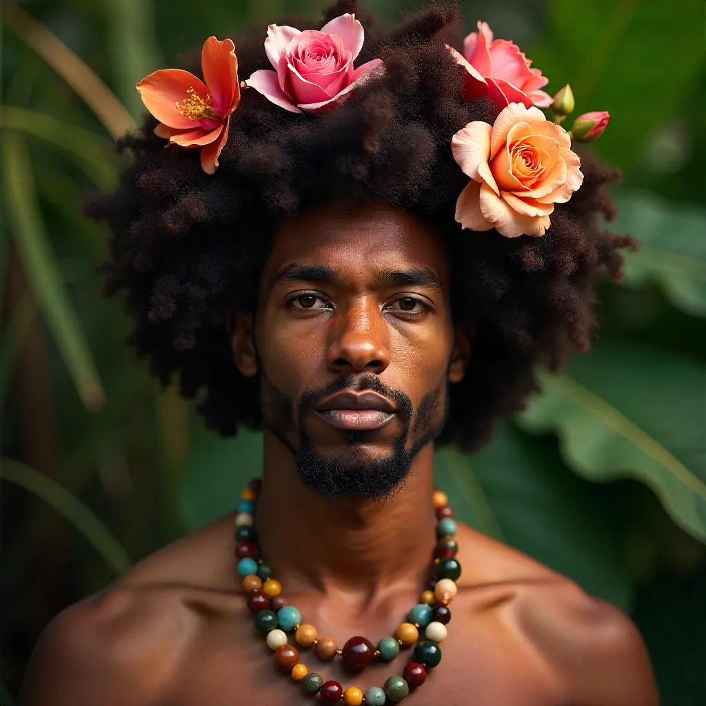 Floral Afro Portrait with Beaded Necklace