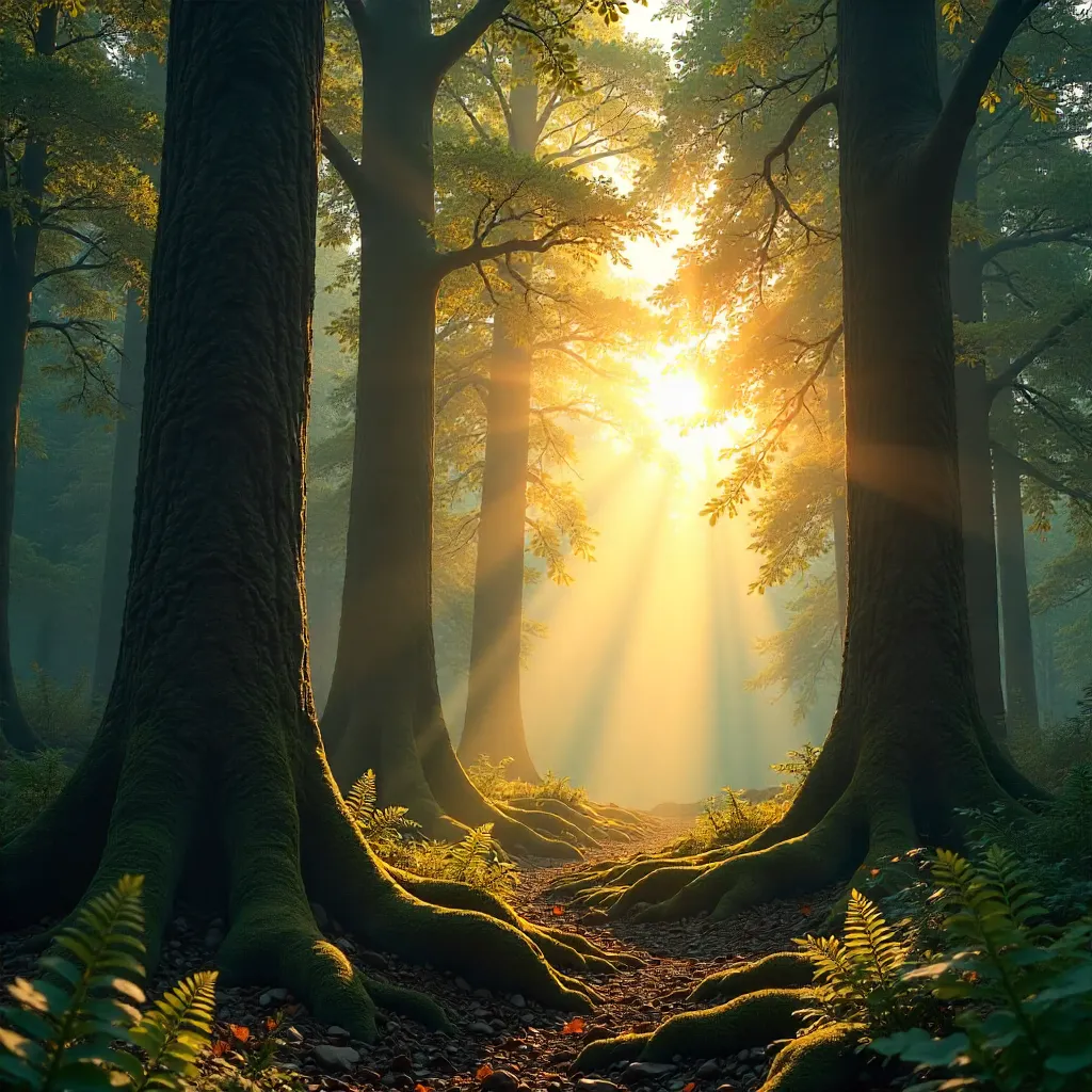 Sunlit Serene Forest of Tall Trees