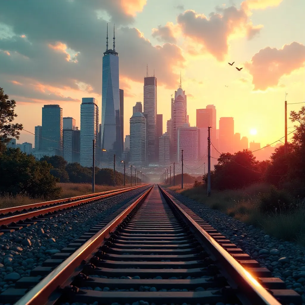Rails Toward the Skyline: Distant Cityscape