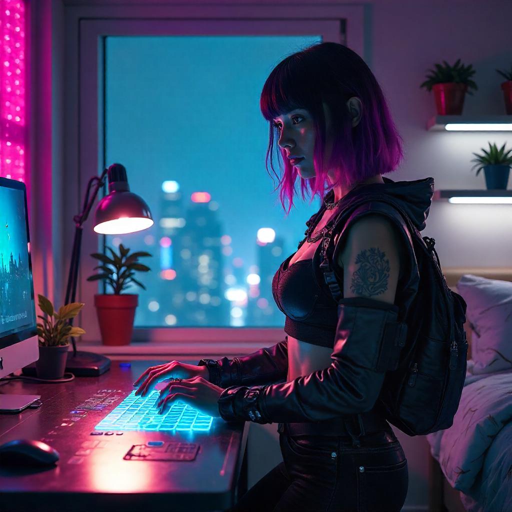 Neon Night in a Cyberpunk Bedroom