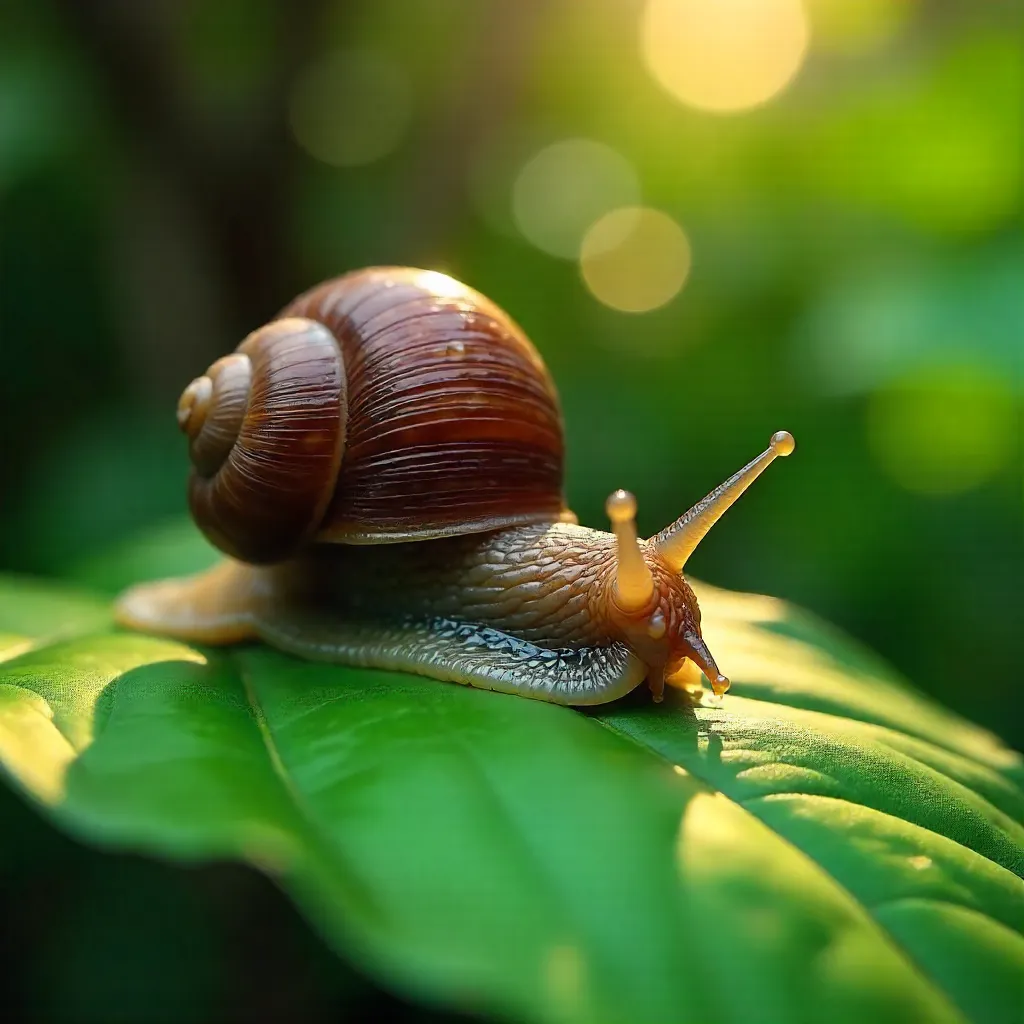 Macro Snail on a Lush Brazilian Garden Leaf