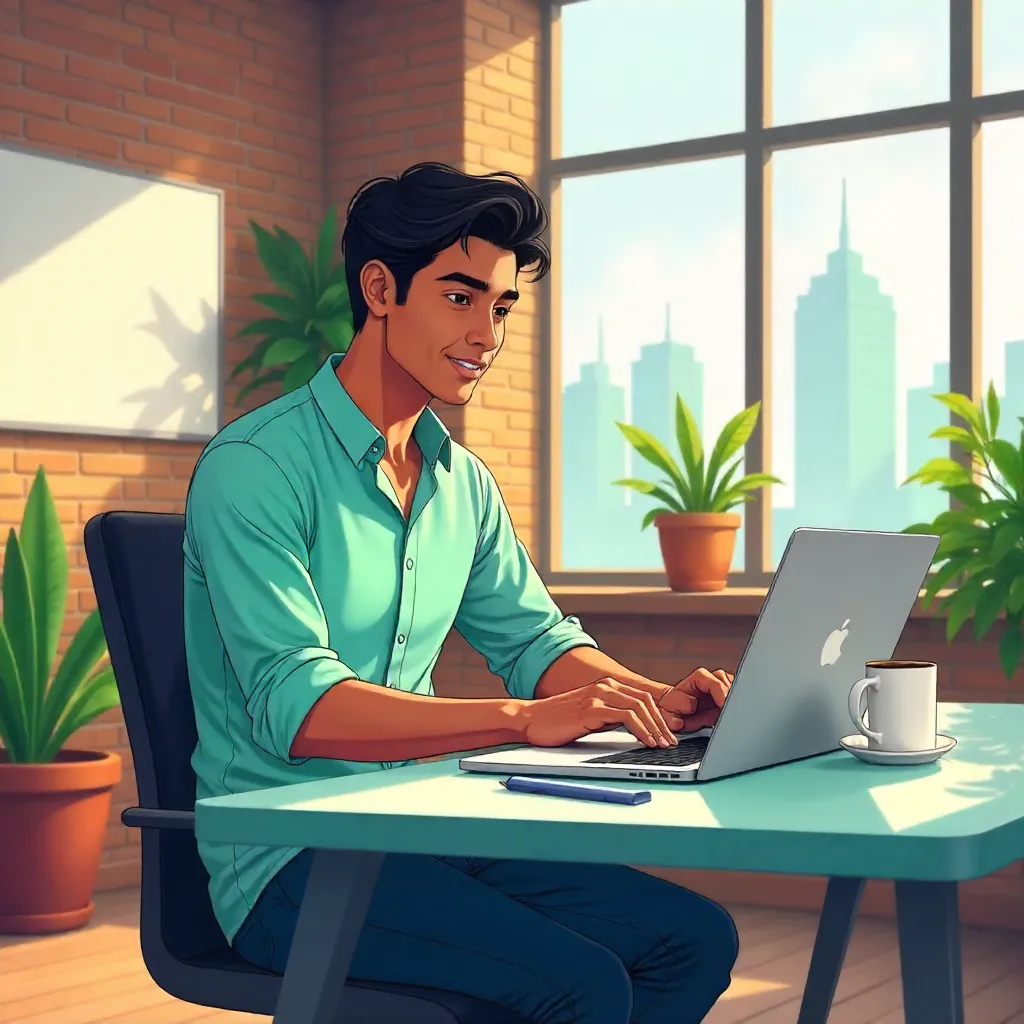 Anime-Style Young Latino Man in a Modern Workspace