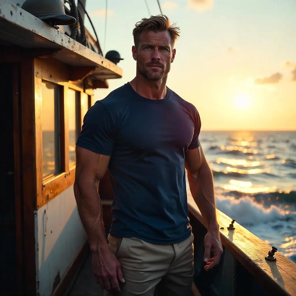 Rugged White Man on a Weathered Boat, Photorealistic