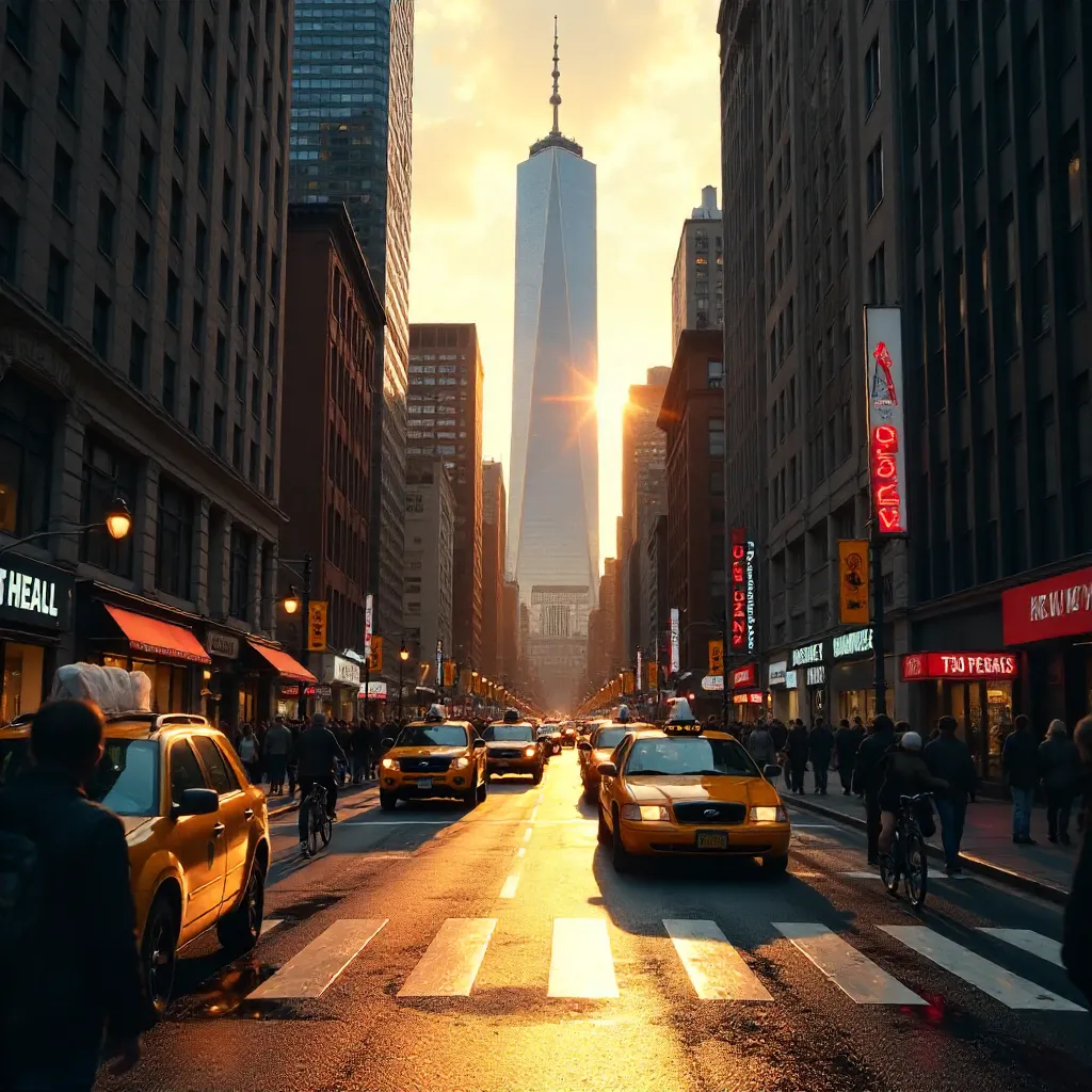 Bustling NYC Street with One World Trade Center