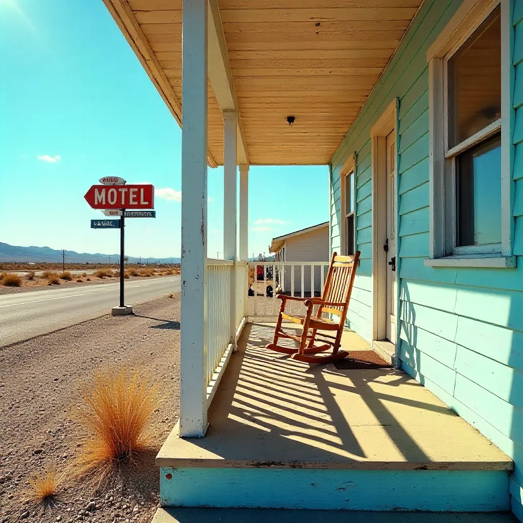Sunny Motel Porch with a Lone Rocking Chair