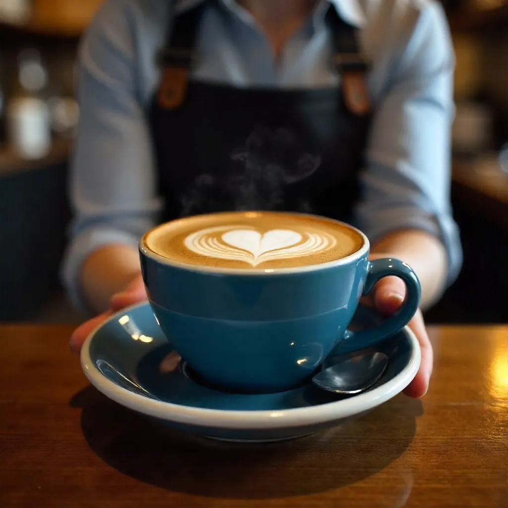 Barista Presents Heart Latte in Blue Cup