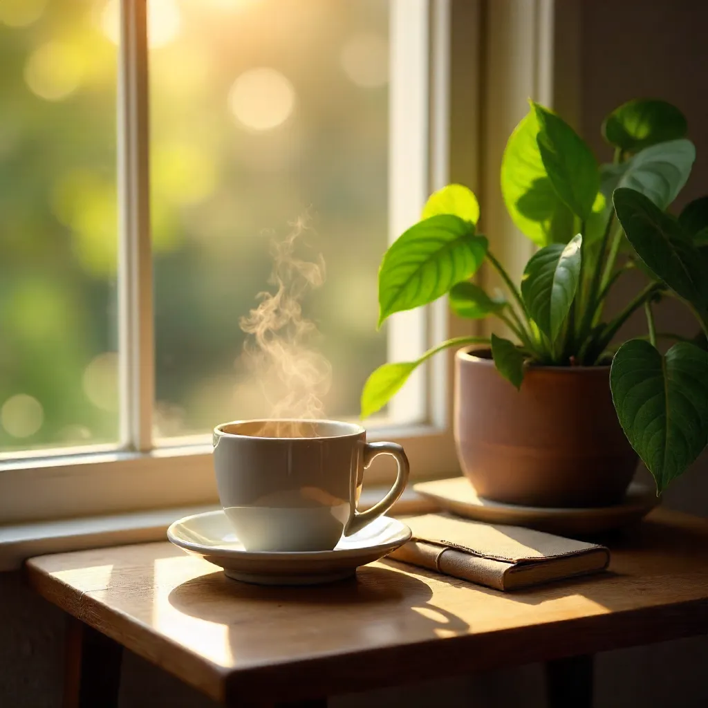 Cozy Coffee Nook with Plant and Books