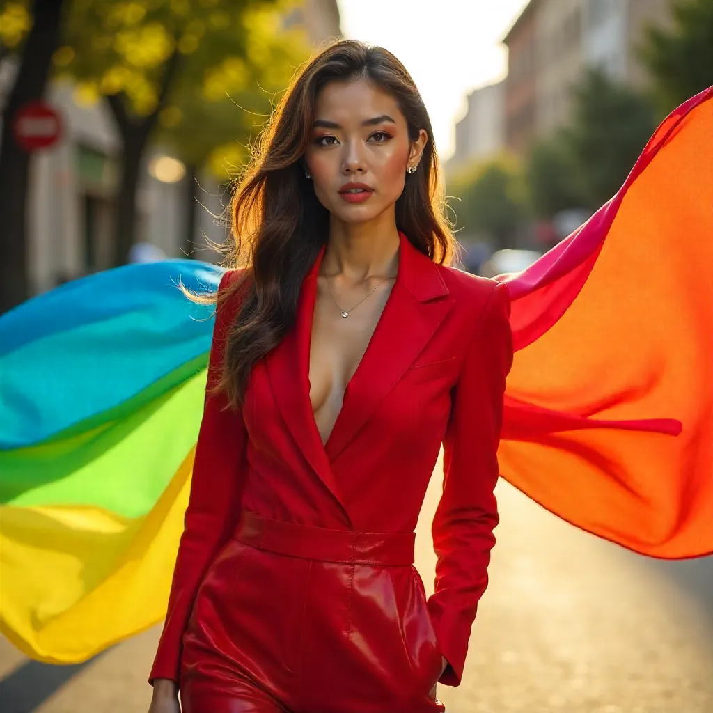 Bold Red Outfit Model Outdoors with Colorful Fabrics