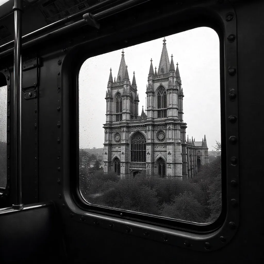 Gothic Cathedral Through a Subway Window (Monochrome)
