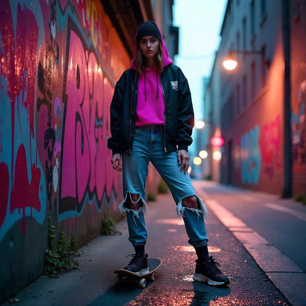 Confident Skater in Neon Graffiti Alley