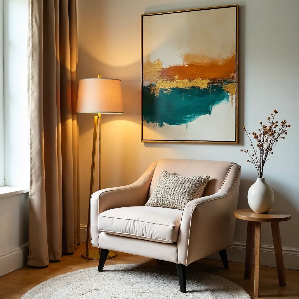 Cozy Modern Corner with Armchair, Lamp, and Art