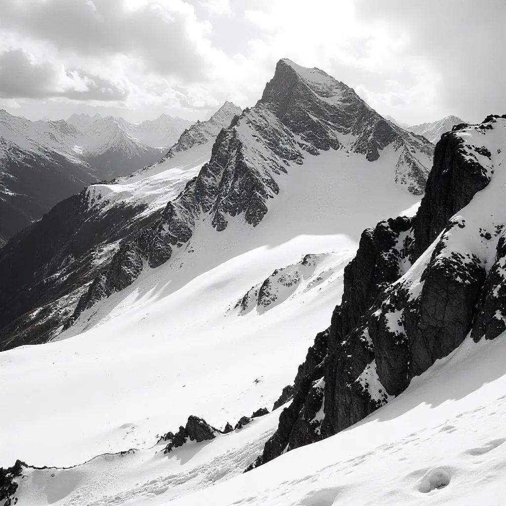 Stark Black-and-White Snow-Covered Mountain Peaks