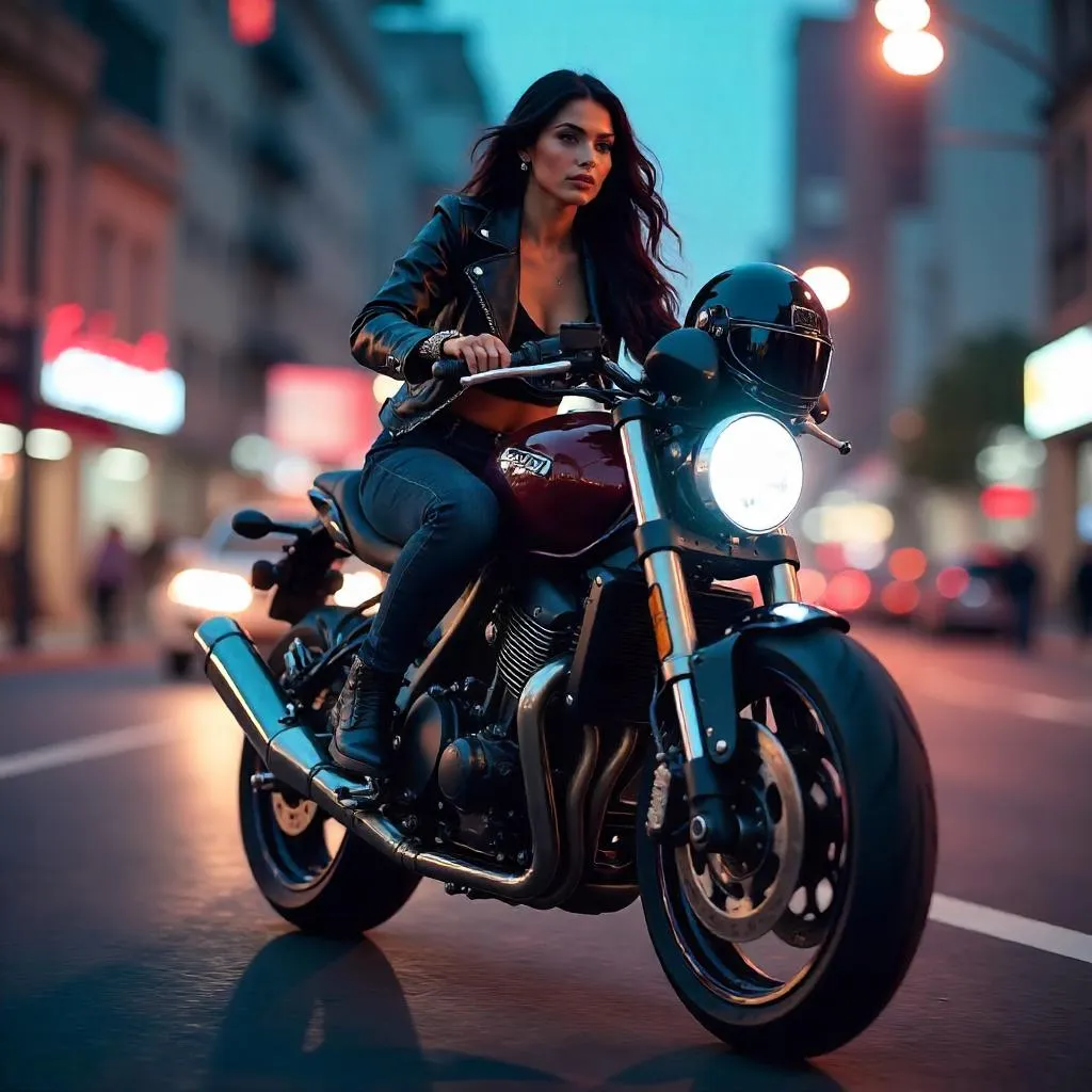 Neon Rider: Stylish Latina on a Sport Motorcycle