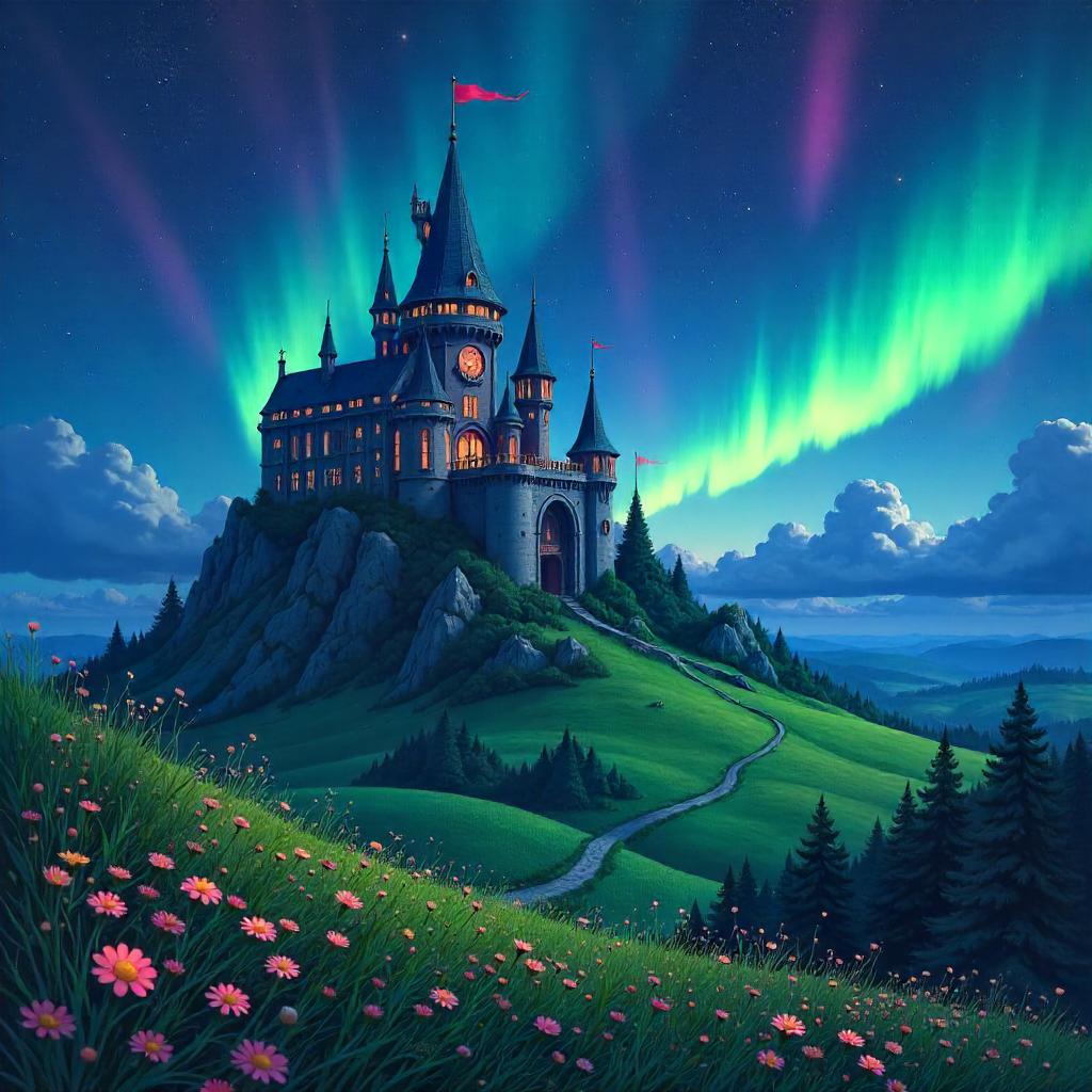 Castle under aurora skies in anime fields