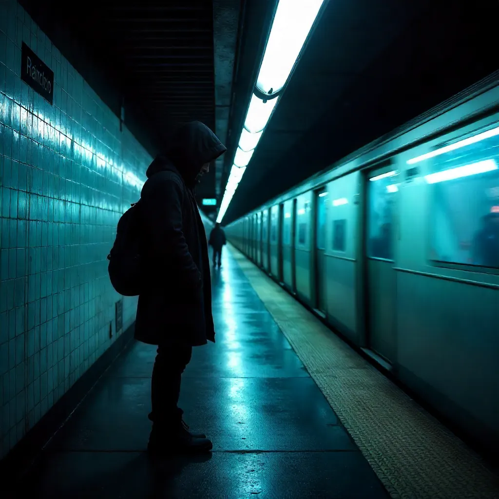 Solitary Subway Silhouette with Motion-Blur Train