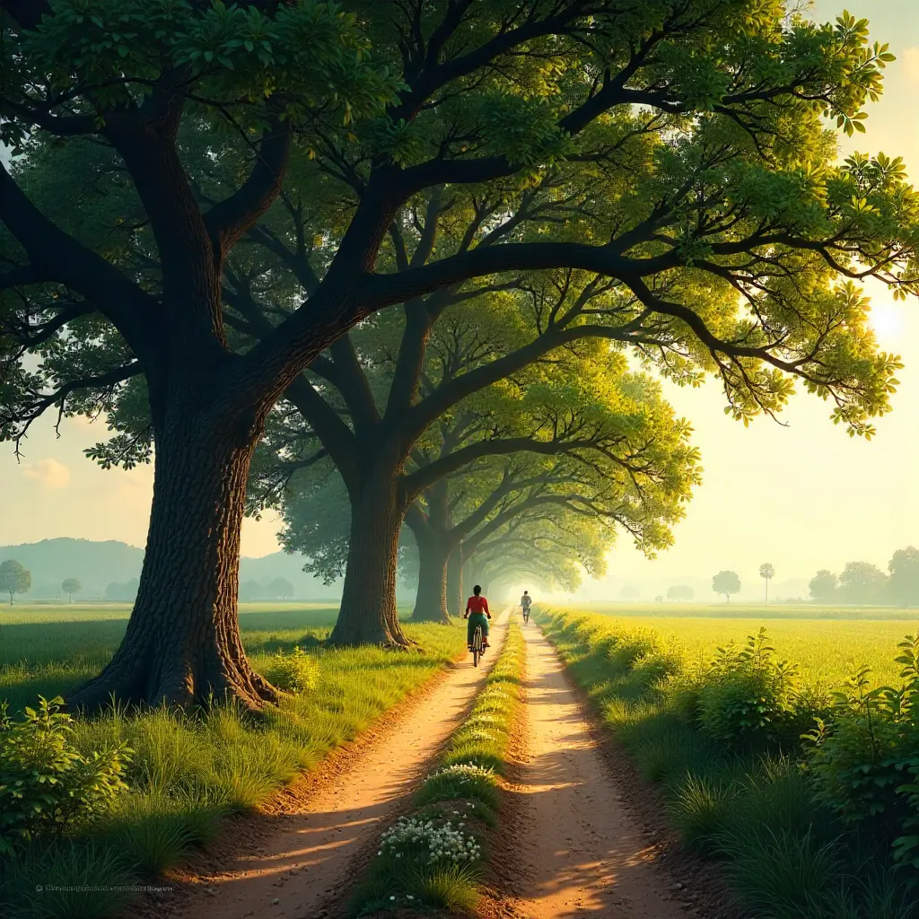 Golden Afternoon on a Tree-Lined Path near Kulti, India