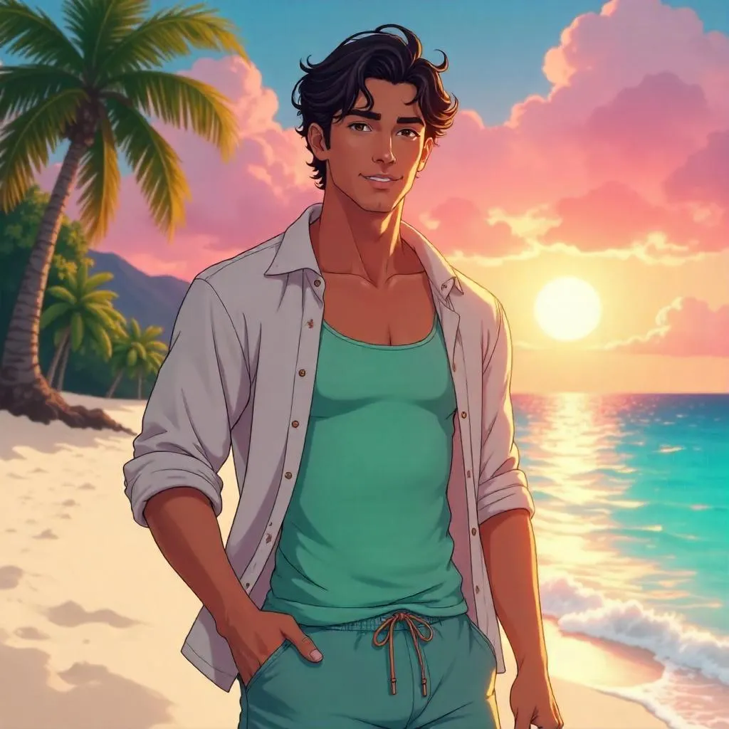 Handsome Latino Man in a Tropical Paradise — Anime Style