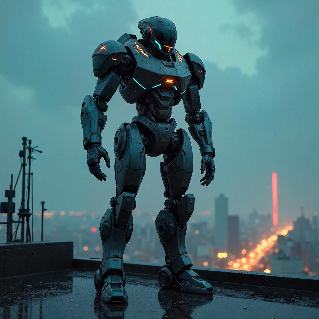 Rooftop Mech Suit Concept Art at Dusk