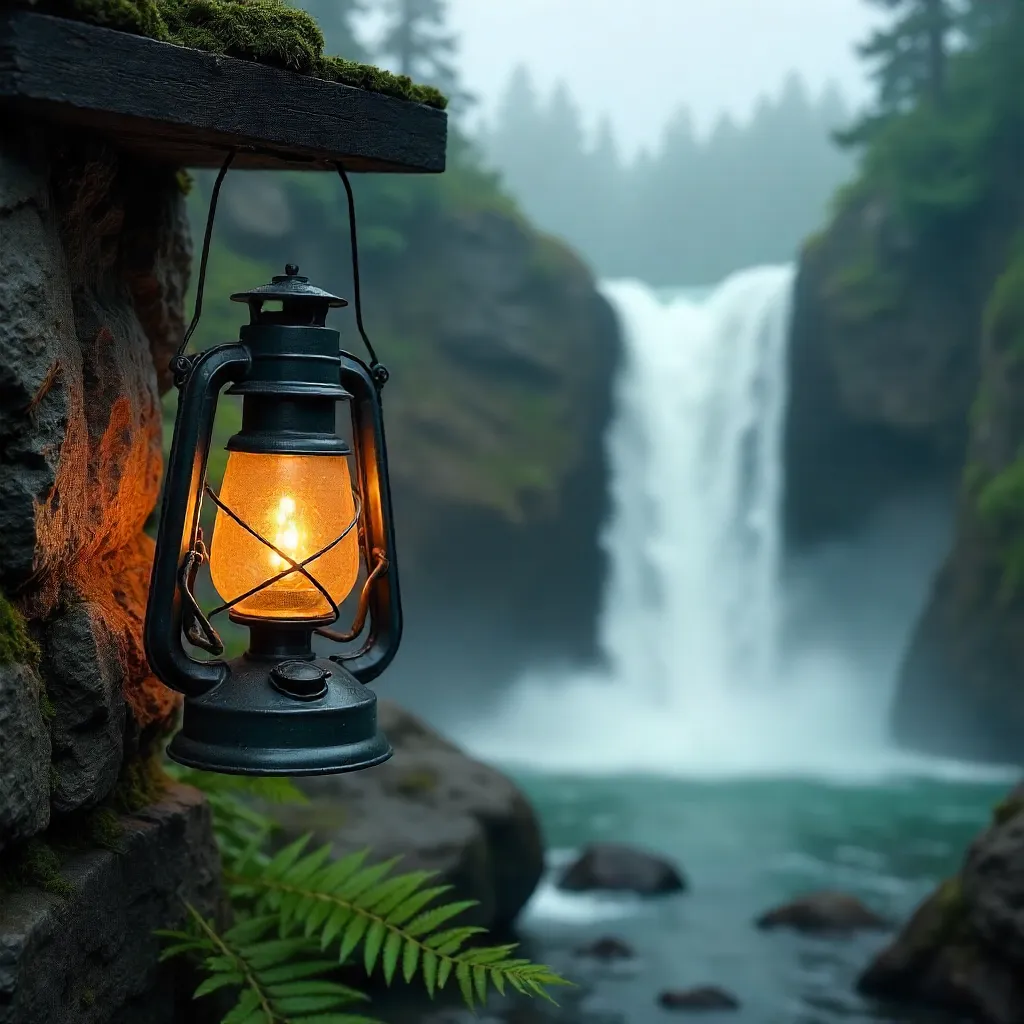 Lantern Above a Misty Waterfall
