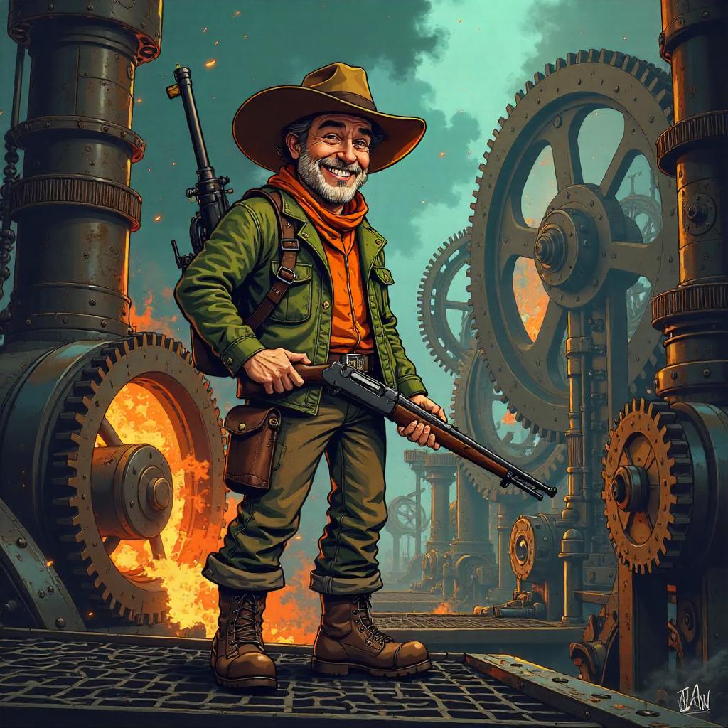 Cartoon Hunter in a Lively Gear Factory