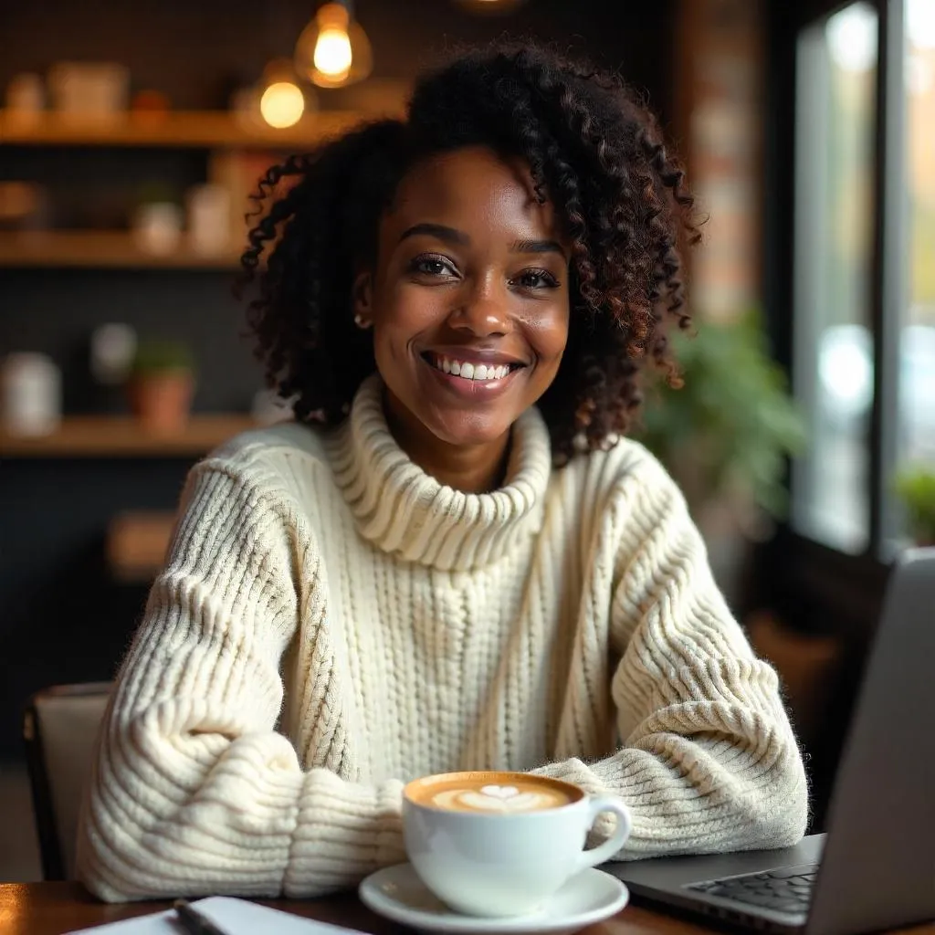 Portrait of an Adult Black Woman in a Cozy Coffee Shop