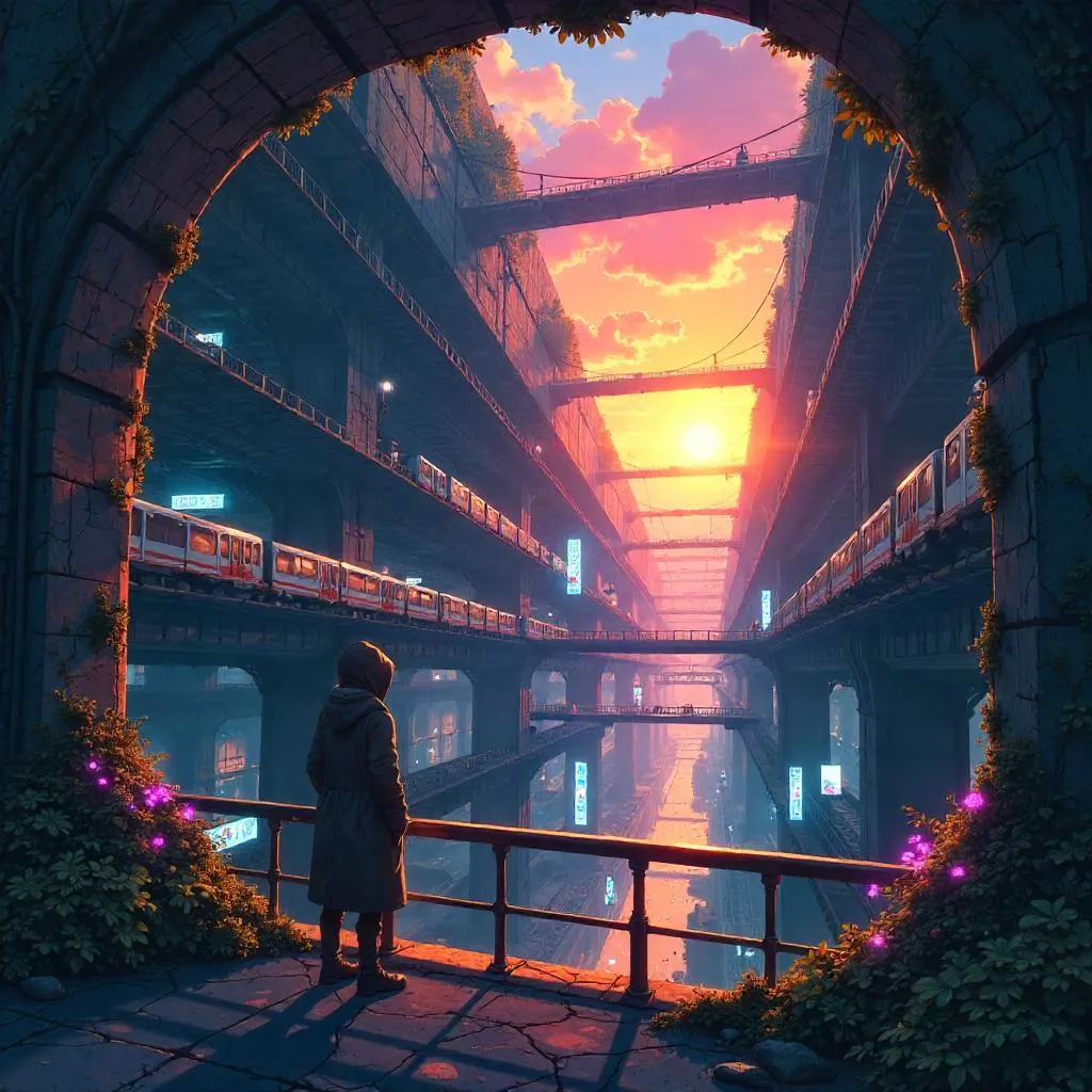 Sunset Over an Anime Underground City at Dusk