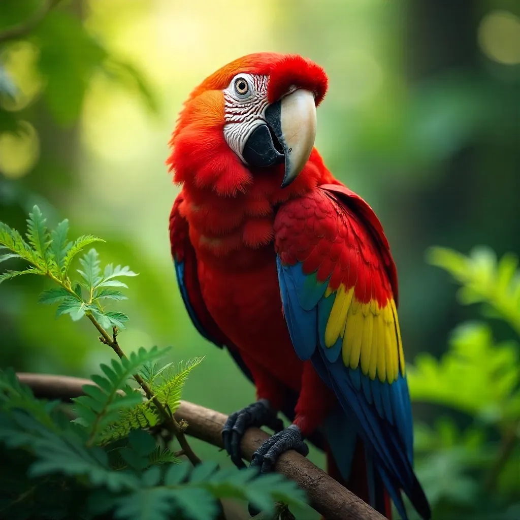 Close-Up Scarlet Macaw in Lush Chilean Greens