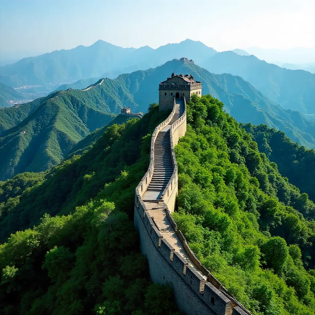 Aerial Great Wall over Green Hills