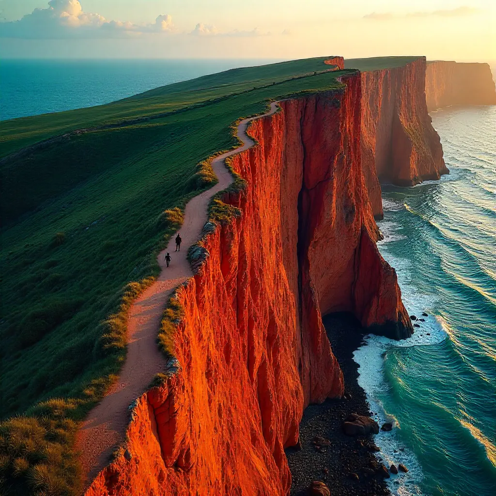 Aerial Vista: Winding Path Through Red Cliffs by the Sea