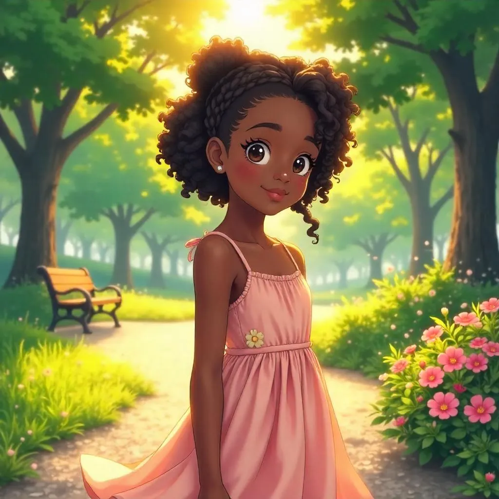 Enchanting Anime-Style Portrait of a Black Girl in a Park