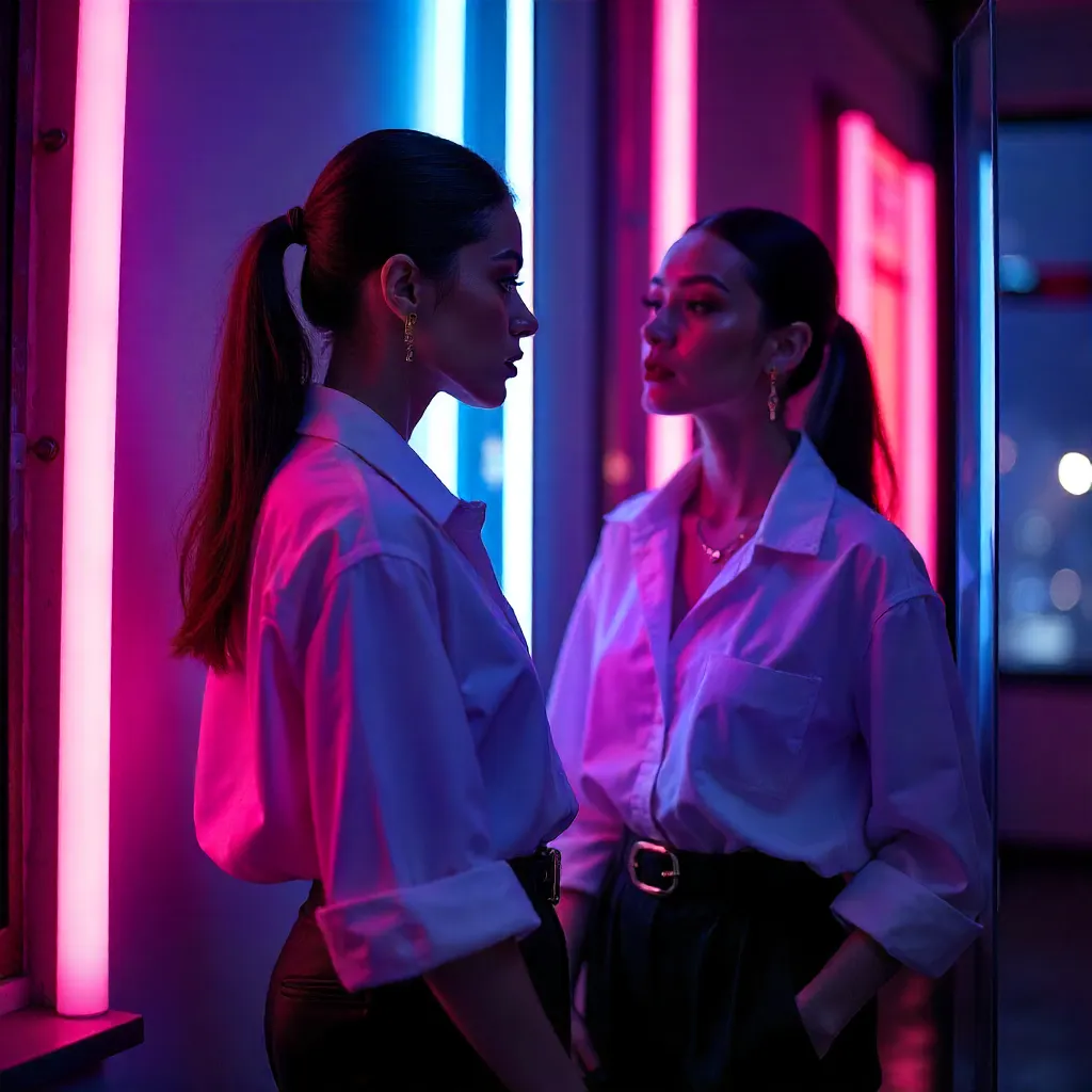 Neon Reflections: White Shirt, Urban Chic