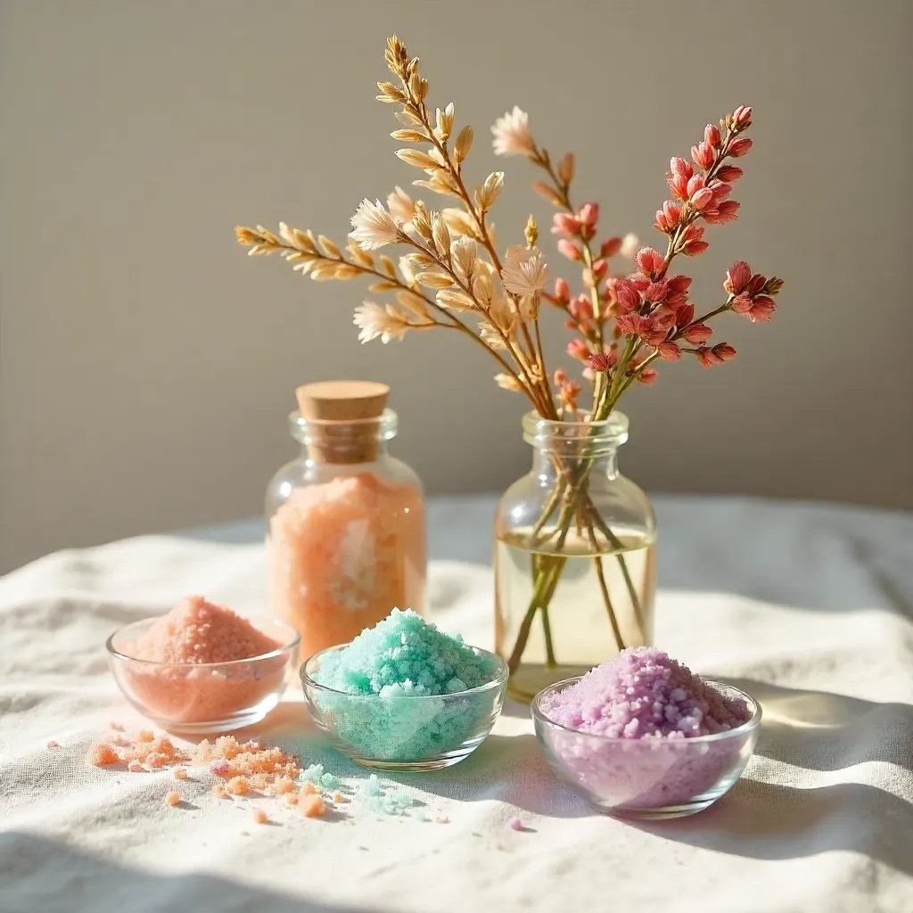 Serene Still Life: Dried Flowers and Bath Salts in Glass Jars