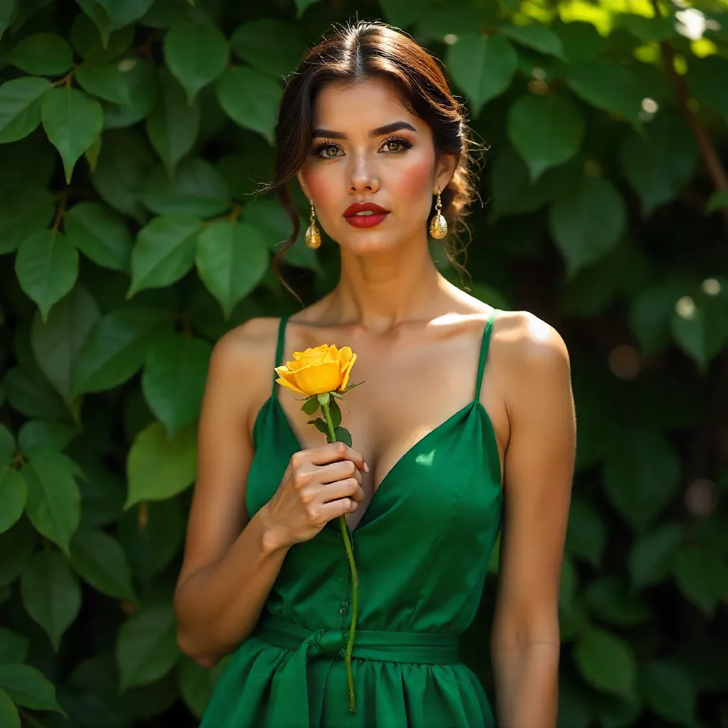 Emerald Elegance: Woman in Green Dress with Yellow Rose