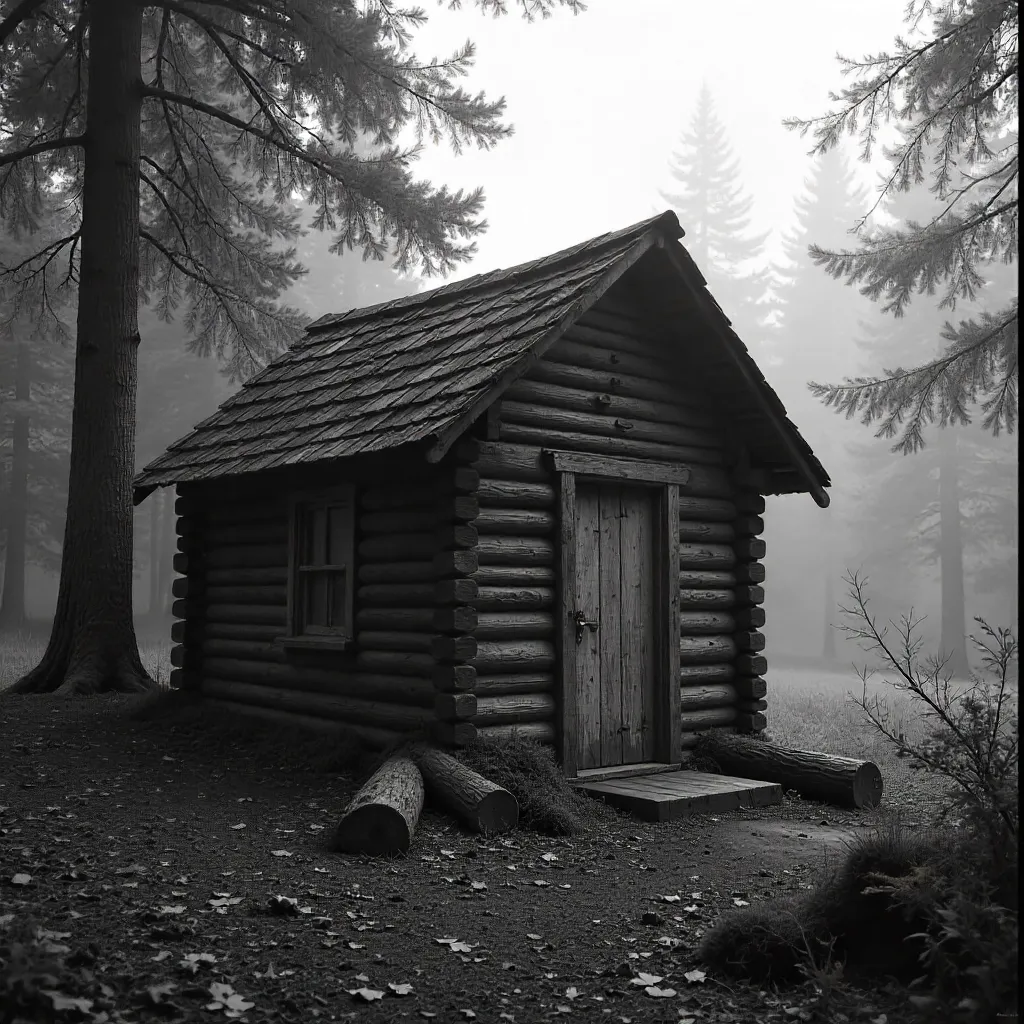 Monochrome Rustic Hut in a Forest Clearing