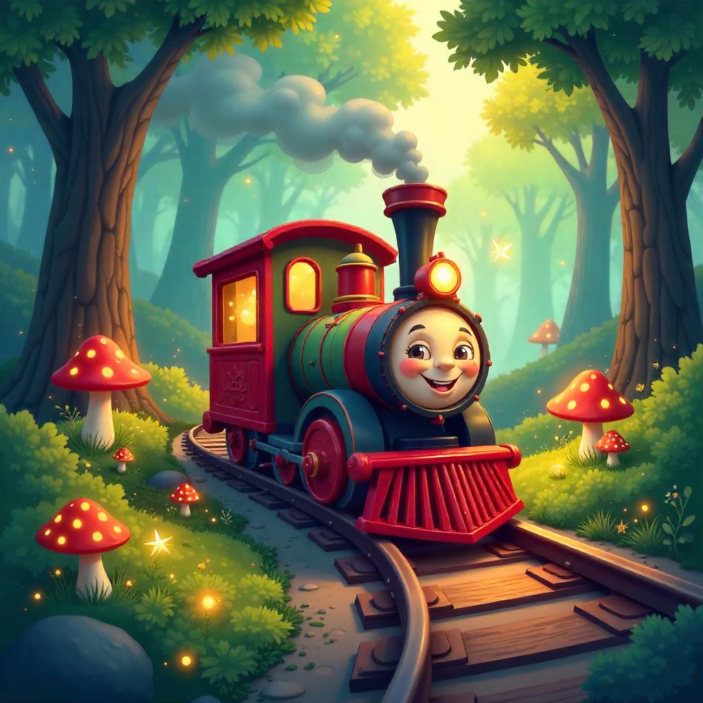 Whimsical Cartoon Train Through Fairy Rings
