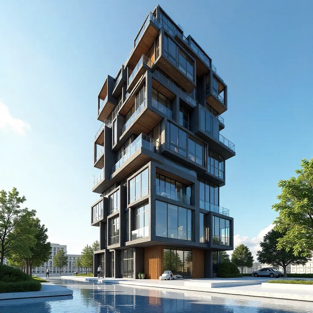 Striking Modular High-Rise under Clear Blue Sky