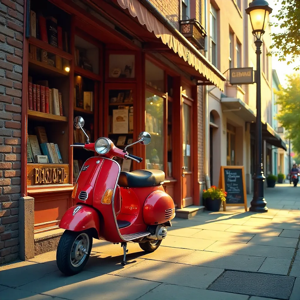 Sunlit Nostalgia: Red Scooter by a Bookstore